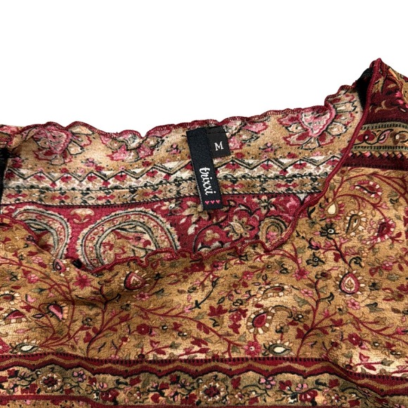 2000s Y2K Trixxi Womens Paisley Mesh Top Burgundy Gold Tiered Bell Sleeve Boho M - Picture 5 of 5